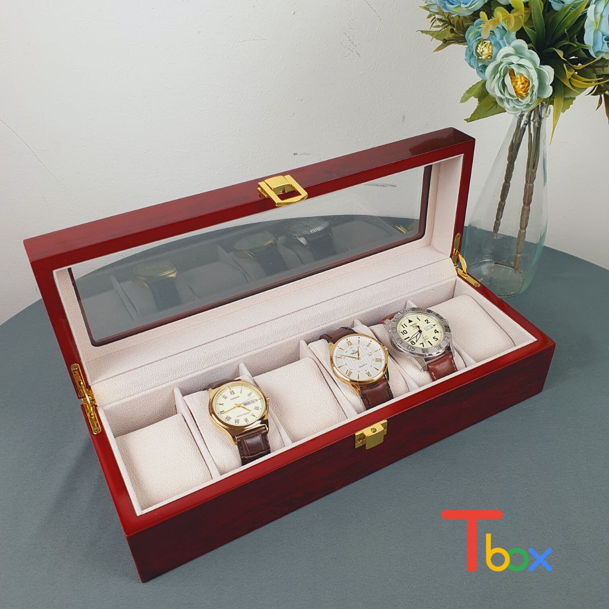 Hộp đựng 6 chiếc đồng hồ gỗ đỏ cao cấp, hộp đựng đồng hồ sang trọng giá rẻ