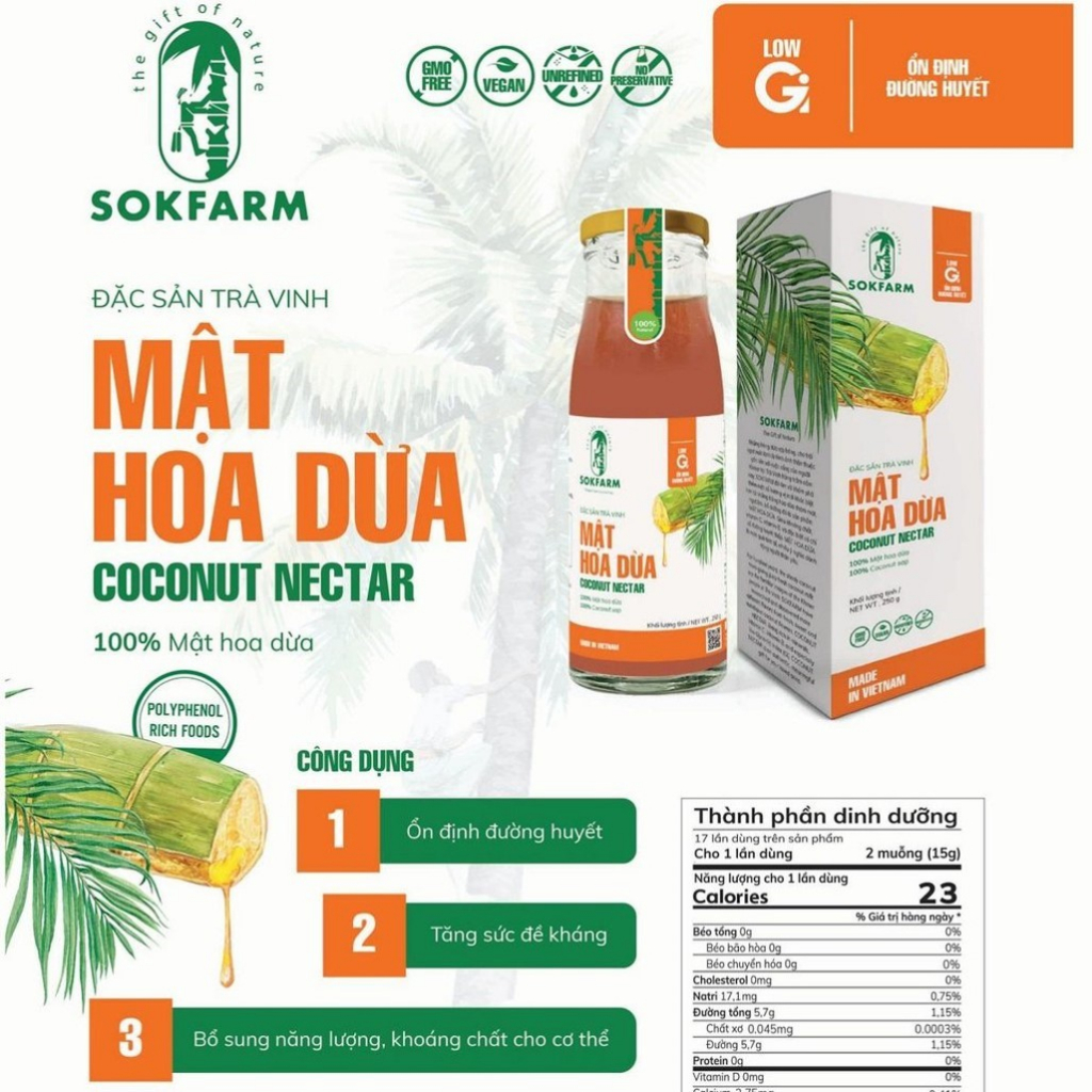 Sokfarm - Mật hoa dừa cô đặc 250g, sản phẩm thuần chay có chỉ số đường huyết thấp bổ sung năng lượng bù khoáng điện giải (Coconut Flower Nectar)