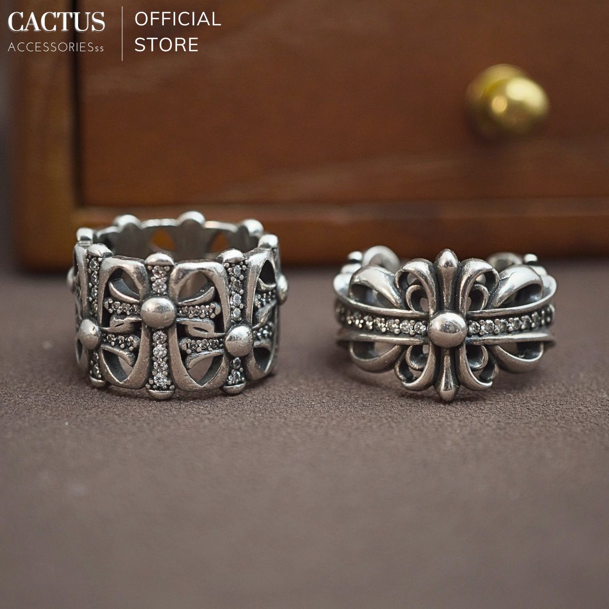 Nhẫn Chrome Heart cách điệu, thiết kế unisex, Thép titan mạ Bạc S925 - Cactus Accessoriess
