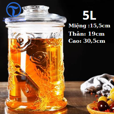 Bình Ngâm Sâm Thủy Tinh 5 Lít Hoa Văn Rồng - Không Van