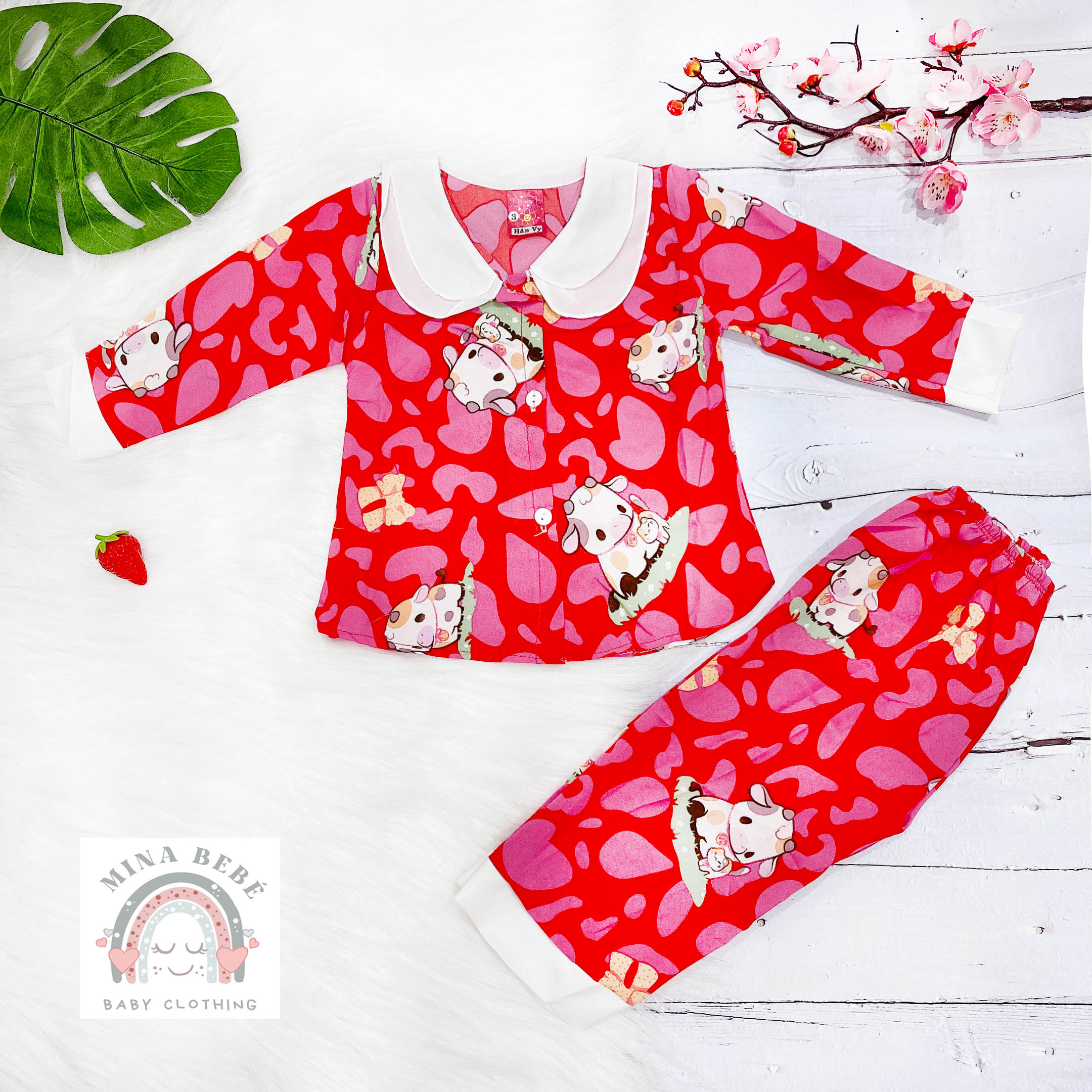 Combo 3 đồ bộ bé gái dài tay hình bò sữa cổ lá sen dễ thương từ 3-16kg