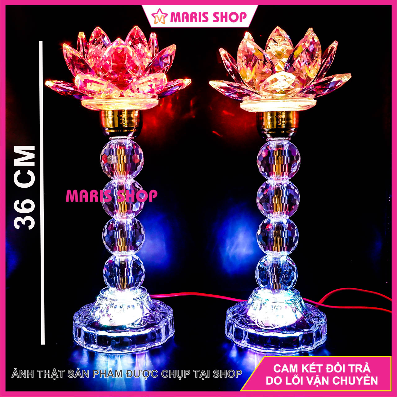 Bộ 2 đèn hoa sen pha lê nguyên khối để bàn thờ phật đèn hoa sen đèn thờ cúng cao 28cm