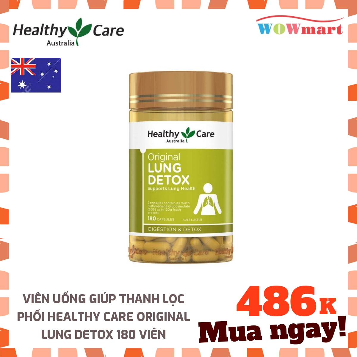 Viên uống giúp thanh lọc phổi Healthy Care Original Lung Detox 180 viên -