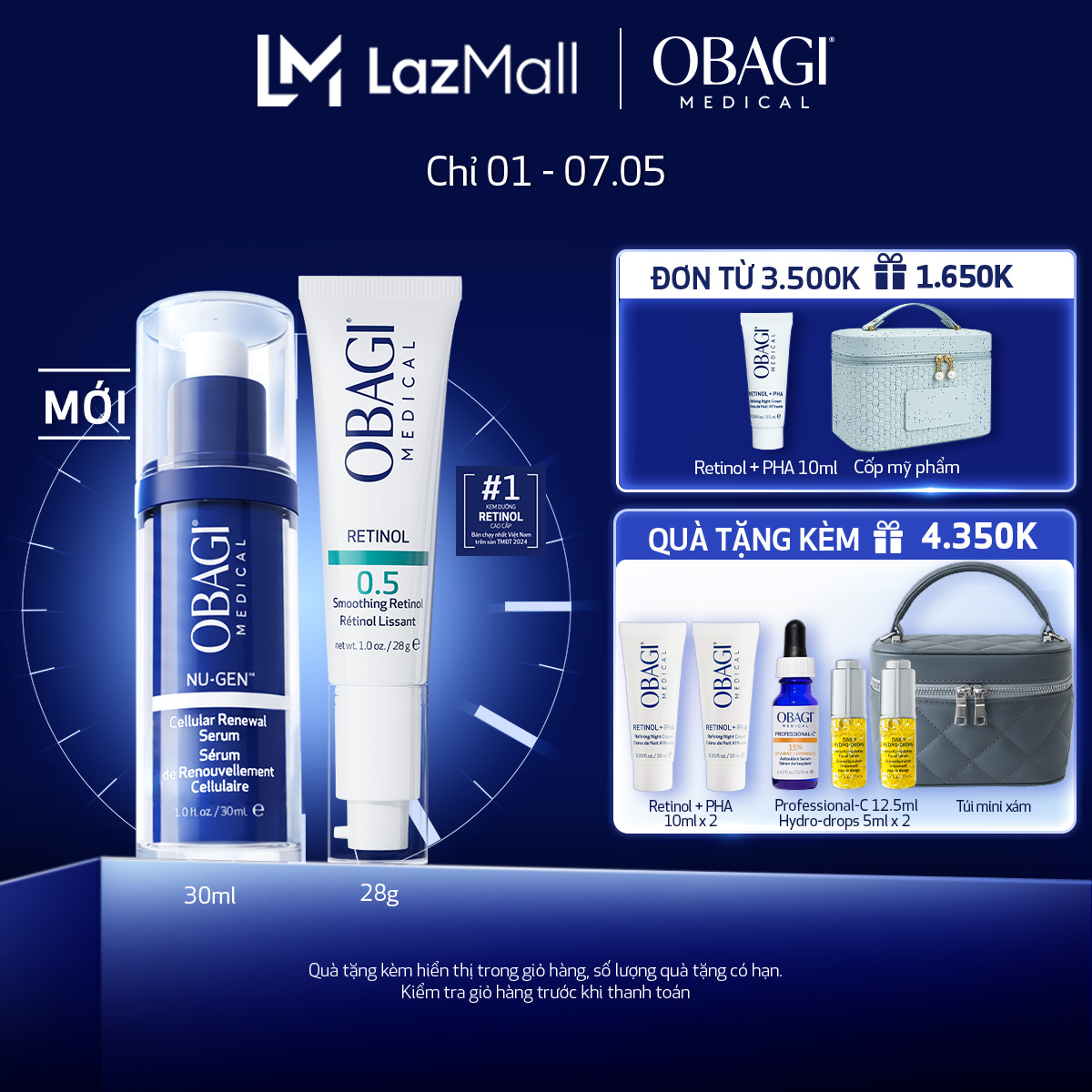 Combo Serum Trẻ Hóa Da Cấp Độ Tế Bào Obagi NU-GEN™ Cellular Renewal 30ml  Kem dưỡng ẩm, làm giảm nếp nhăn Obagi Medical Retinol 0.5