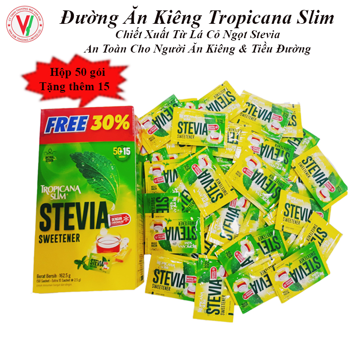 Hộp 65 Gói Đường Ăn Kiêng Lá Cỏ Ngọt Stevia Tropicana Slim Calo thấp, Dành Cho Người Ăn Kiêng/ Keto/ DAS/Tiểu Đường/Giảm Cân