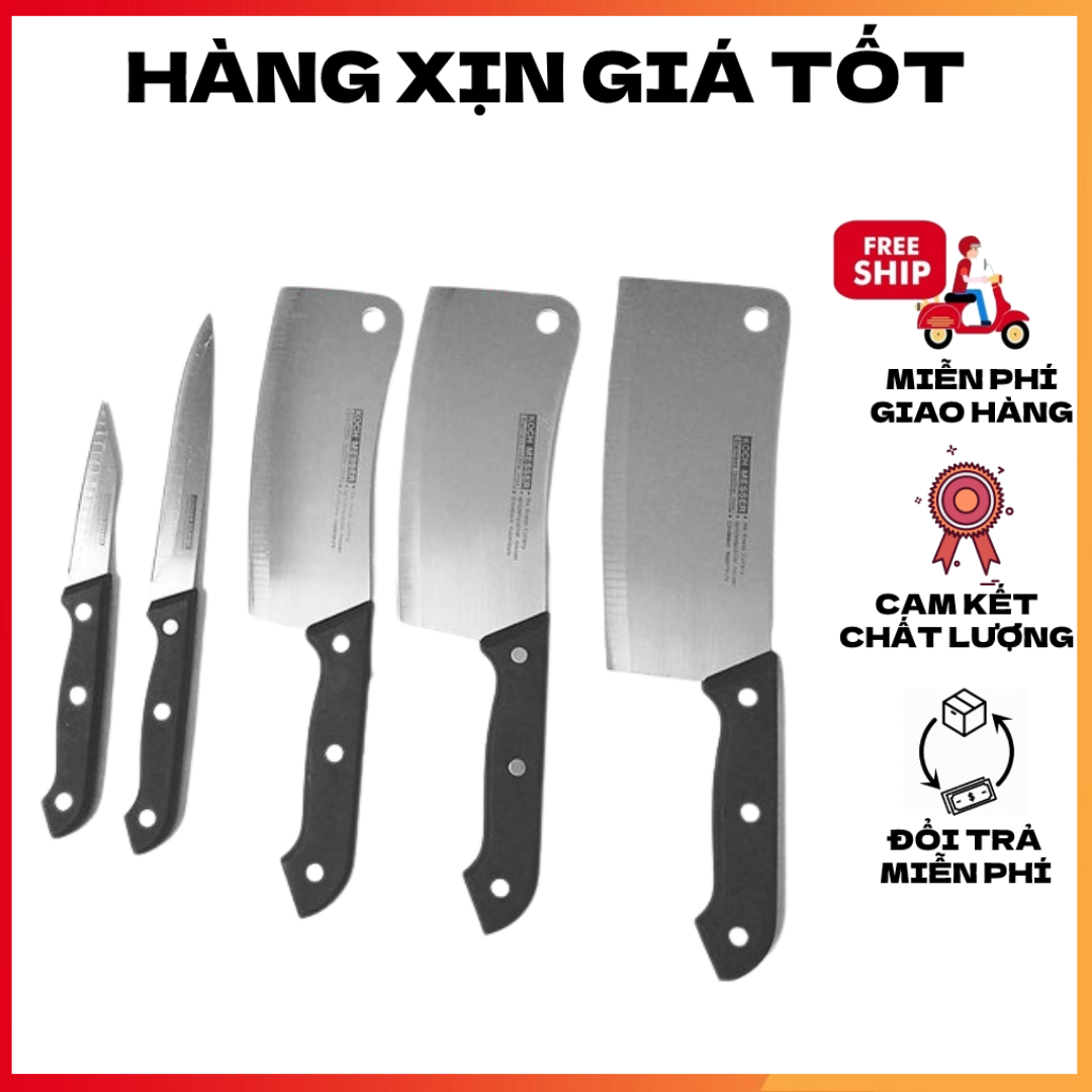 Bộ dao làm bếp Kitchen Knife Thái Lan 5 món cao cấp gồm dao gọt hoa quả, dao thái thịt, dao chặt xương chất liệu inox sắc bén, không gỉ