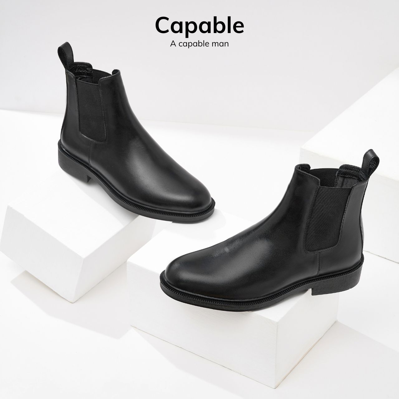 Giày da nam cao cổ Chelsea Boot CAPABLE màu đen trơn đế cao su, bảo hành 12 tháng