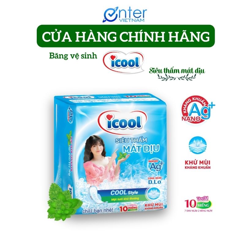 [Hàng Chính Hãng] Băng vệ sinh ICOOL Xanh Siêu Thấm mới BVS ban ngày 24cm có cánh mặt lưới mềm  mát dịu.{8 gói}
