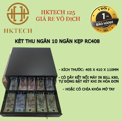 Két thu ngân, ngăn kéo đựng tiền thu ngân cỡ lớn 10 ngăn kẹp rc408 siêu rẻ, siêu bền, kim loại chống ghỉ