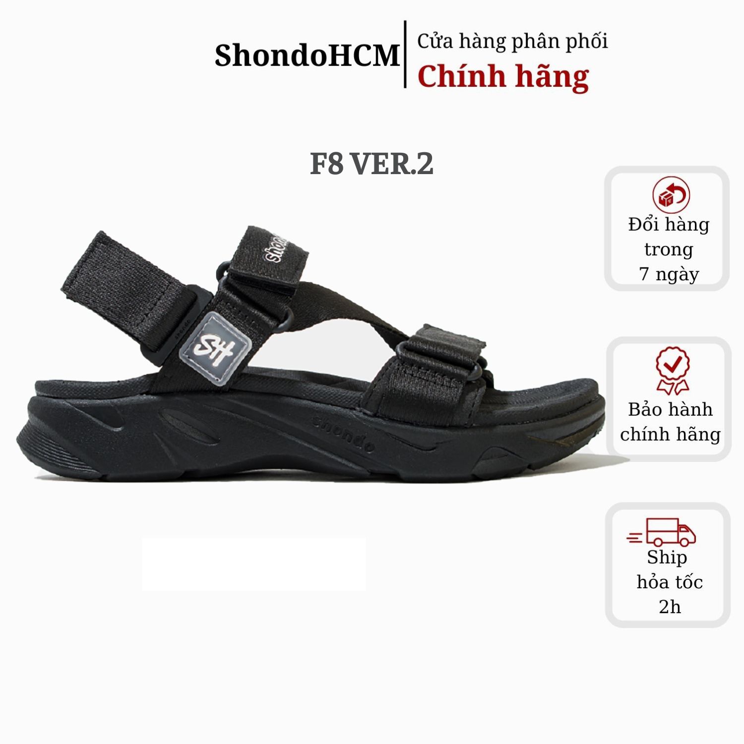  Giày sandals nam nữ Shondo F8 full đen ver.2 F8M1112 