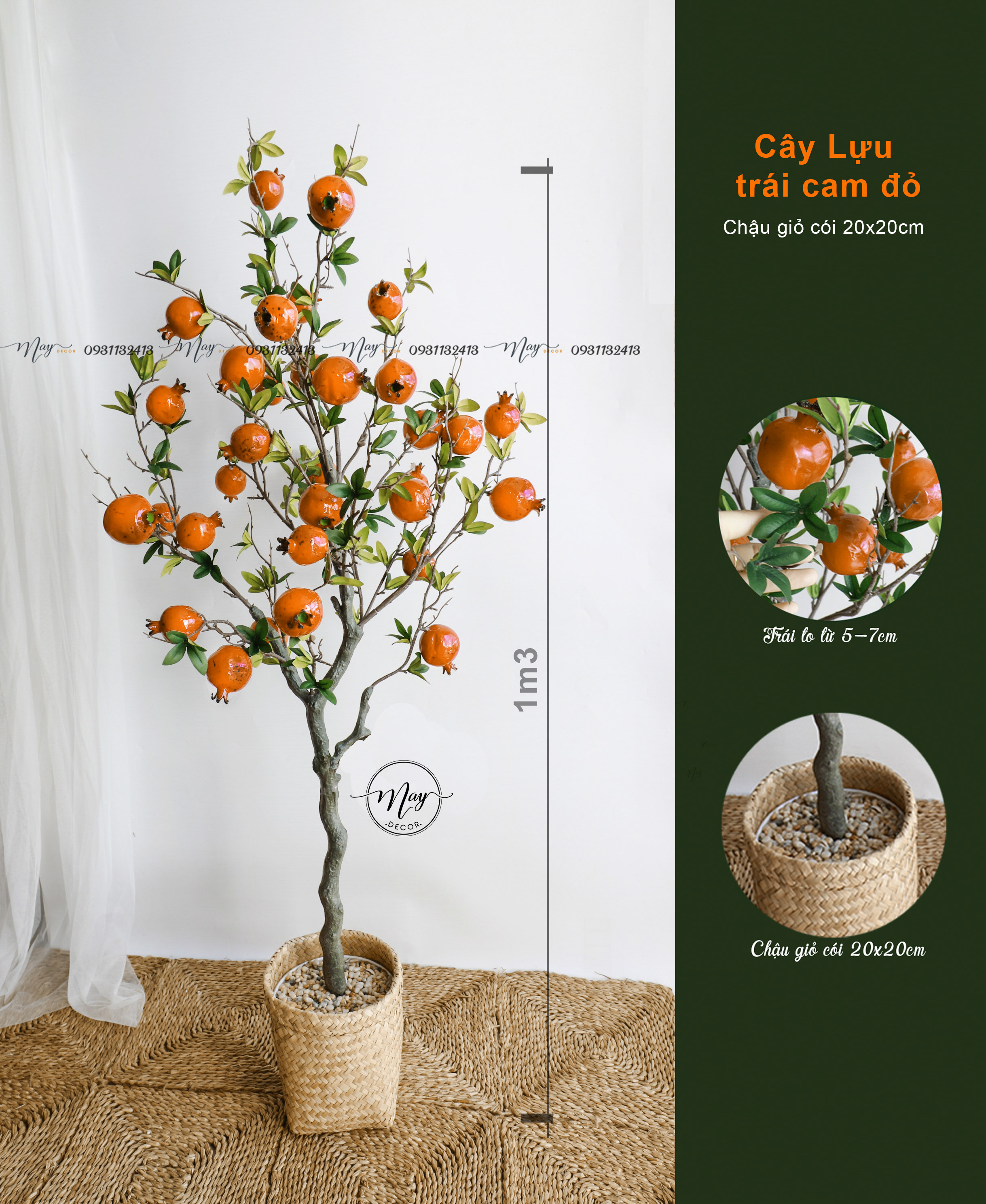 Cây Lựu giả cao cấp 1m2 , 85cm , Cây decor, cây giả trang trí
