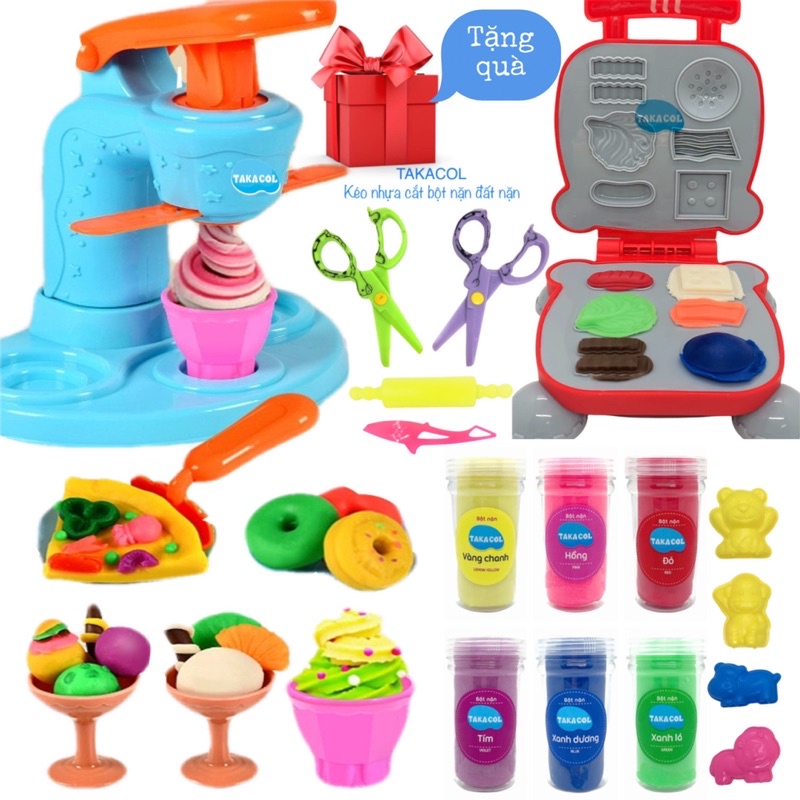 Đồ chơi đất nặn làm bánh kem, bánh sinh nhật, bánh hamburger chơi kèm đất nặn an toàn bột nặn takacol 6 màu siêu to lớn