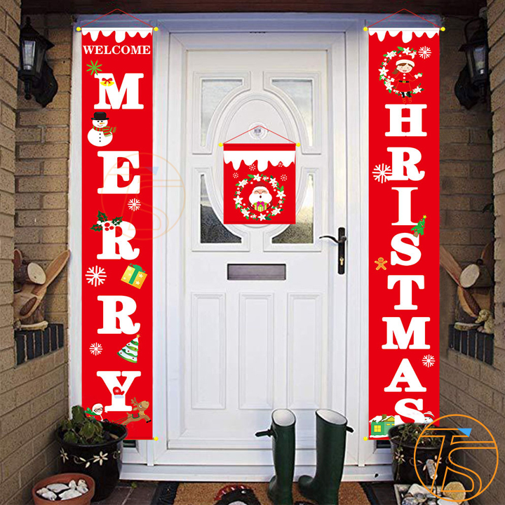 Câu đối trang trí noel treo cửa kính - Phụ kiện trang trí nhà cửa - Poster trang trí hình cây thông noel, merry christmas, ông già noel và tuần lộc kéo xe - Rèm biểu ngữ decor trang trí noel chúc mừng năm mới giáng sinh