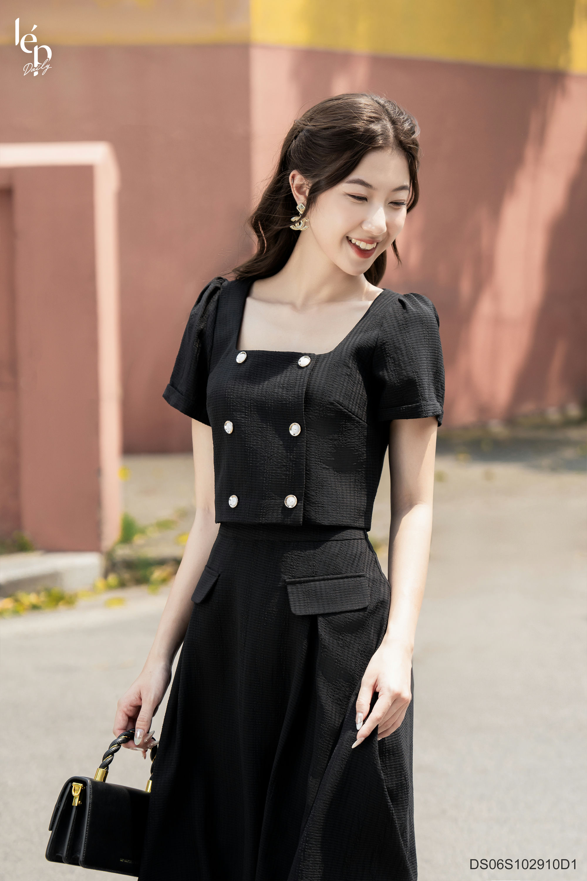 Set áo croptop đen chân váy ds06s102910d1 lep'