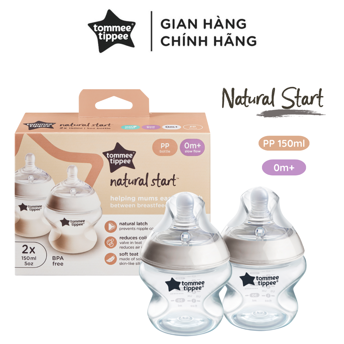 Bình sữa ty siêu mềm tự nhiên tommee tippee natural start 150ml, núm ty của bình 0-3 tháng