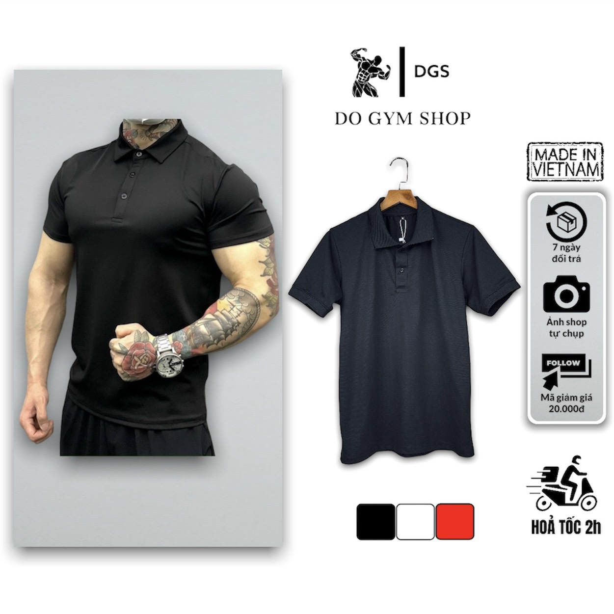 Áo polo basic tập gym nam do gym shop thun trơn da cá sấu