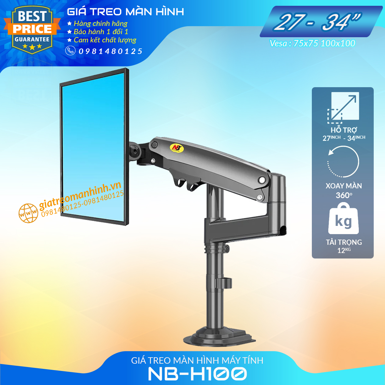 Giá Treo Màn Hình NB-H100 Tương Thích Màn 27-34 Inch (Upto 40 Inch) Tải Trọng 12Kg  - Lắp Đặt Kẹp Bàn & Vít Xuyên Bàn
