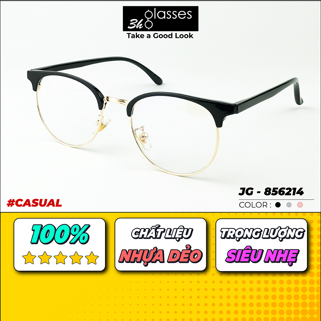 Gọng kính cận, kính thời trang nam nữ. Chất liệu nhựa dẻo TR-90, viền kính bằng TITANIUM, hình dáng OVAL phù hợp nhiều khuôn mặt. 3H-Glasses [JG - 856214]