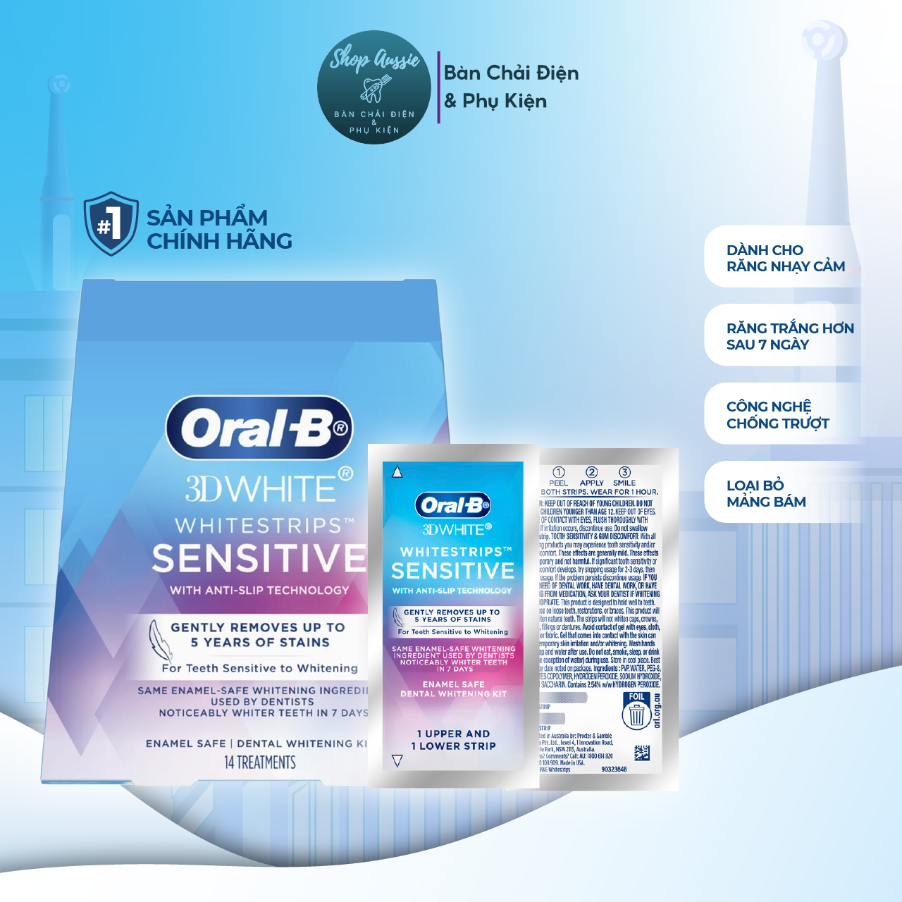 Miếng dán trắng răng Oral-B 3DWhite Whitestrips Sensitive - Dành Cho Răng Nhạy Cảm, Răng Trắng Sau 7 Ngày