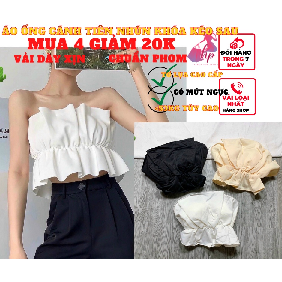 Áo ống quây nữ croptop cánh tiên nhún dây kéo lưng kiều mới trắng đen phong cách hàn quốc A108