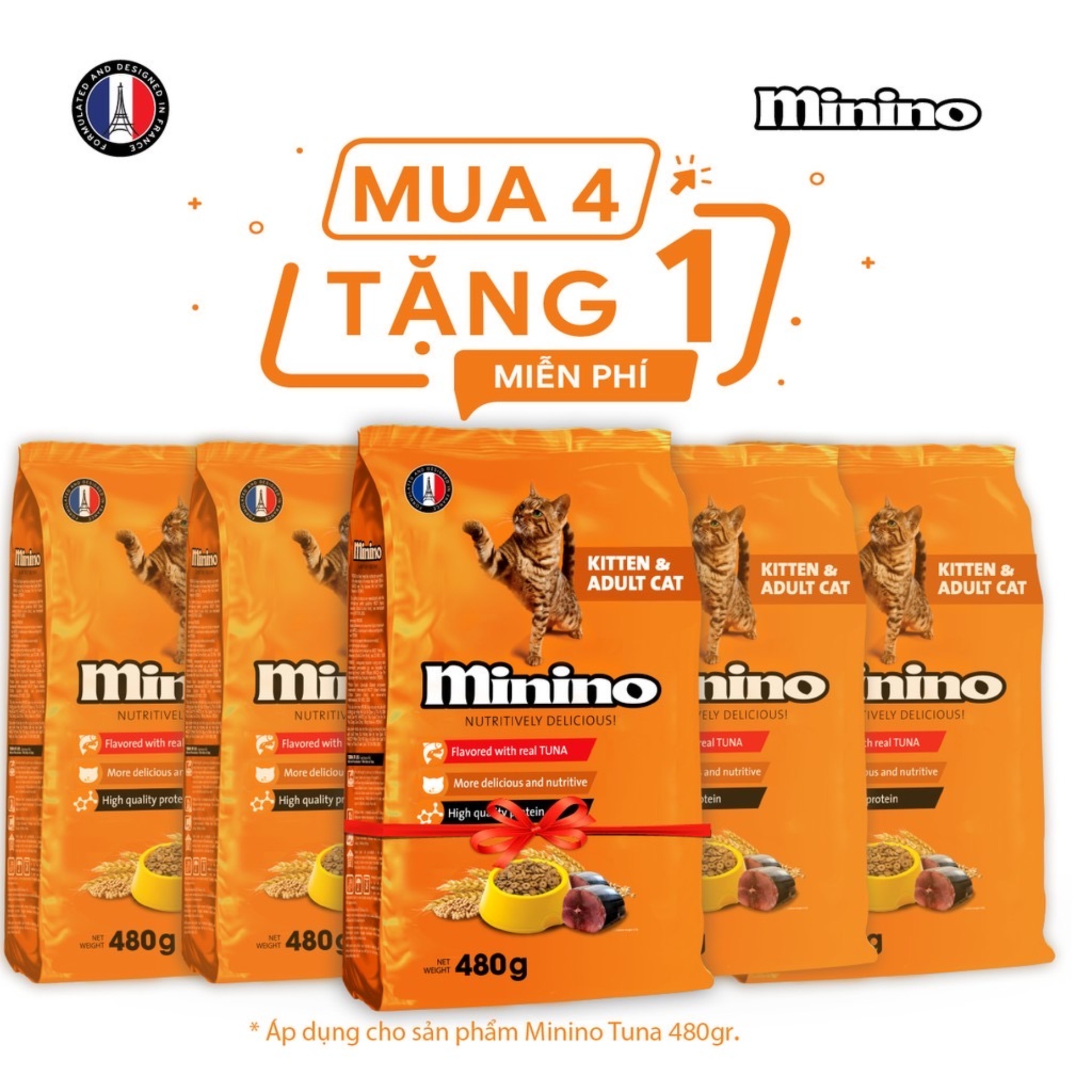 Combo Thức ăn cho mèo Minino Tuna Flavored 480gr - Mua 4 tặng 1