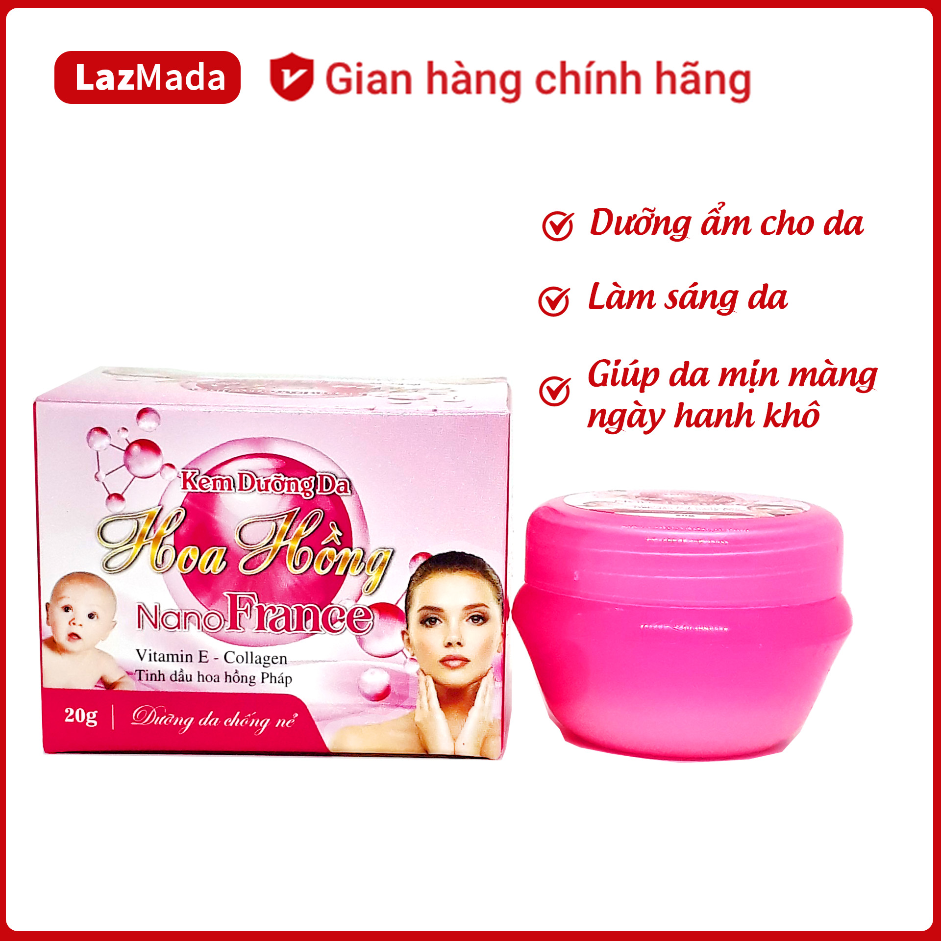 Kem dưỡng da, chống nẻ Hoa Hồng Nano France (Pink) - Cung cấp Vitamin E, Collagen, Tinh dầu hoa hồng Pháp - Giúp da mịn màng trong ngày hanh khô - Hộp 20g