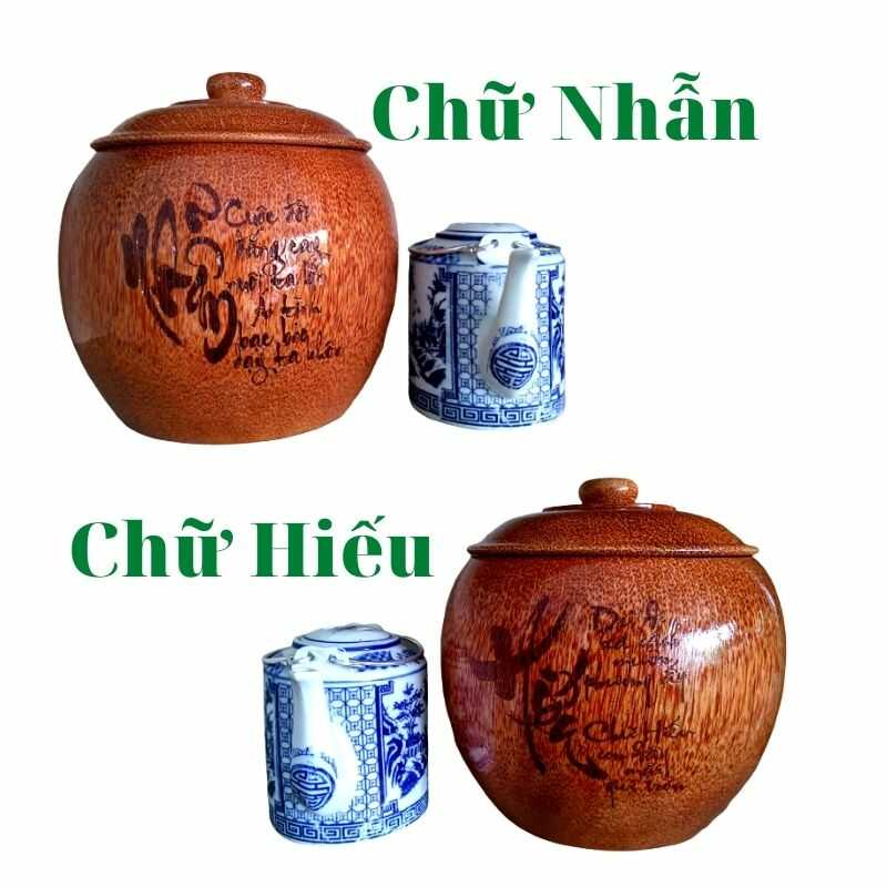 Bộ Giữ Ấm Bình Trà Gỗ Dừa Gọn Đẹp Khắc Chữ Nhẫn, Chữ Hiếu Và Bình Trà 700 - 950ml