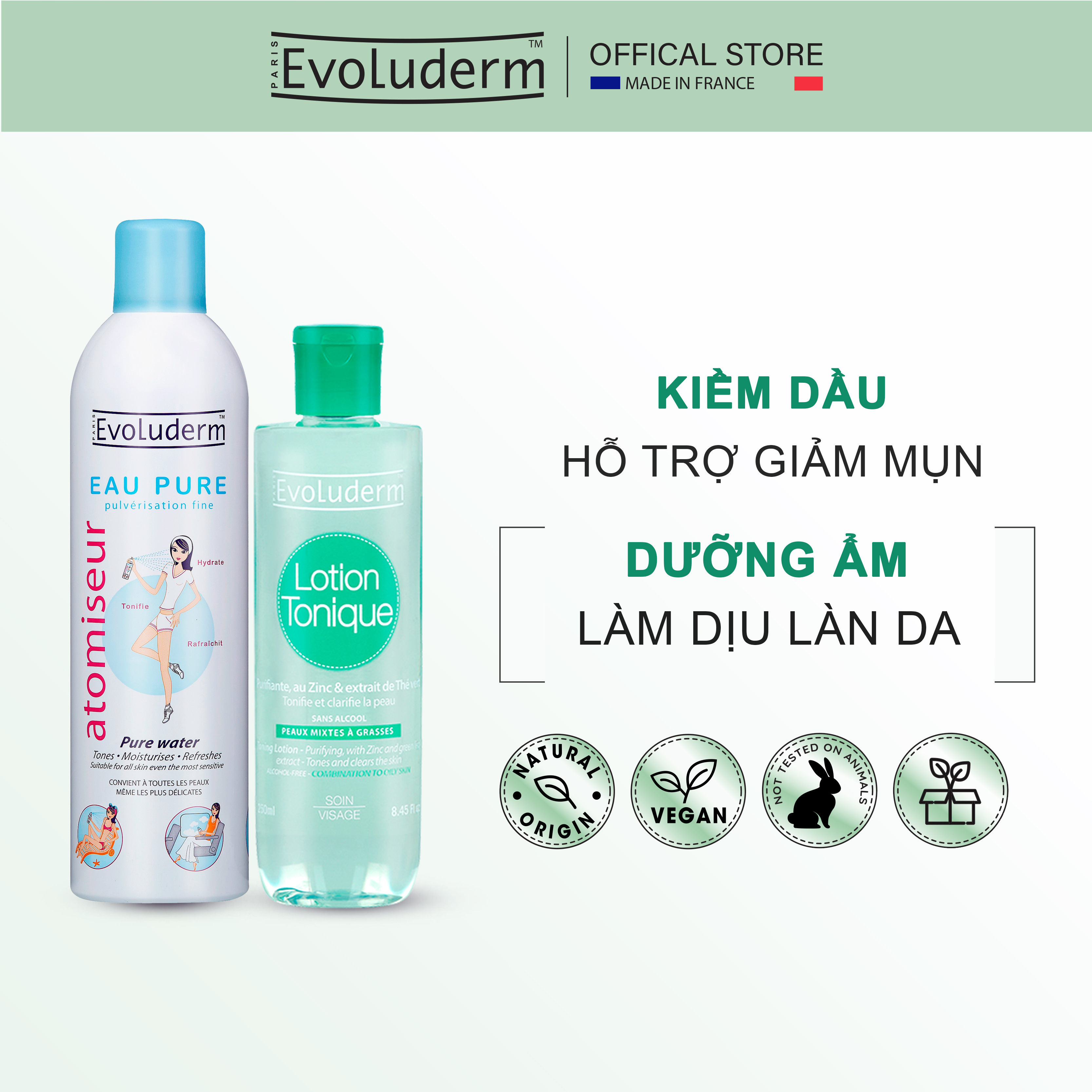 Bộ 2 Xịt khoáng cấp ẩm 400ml và Nước hoa hồng dành cho da hỗn hợp dầu mụn 250ml Evoluderm