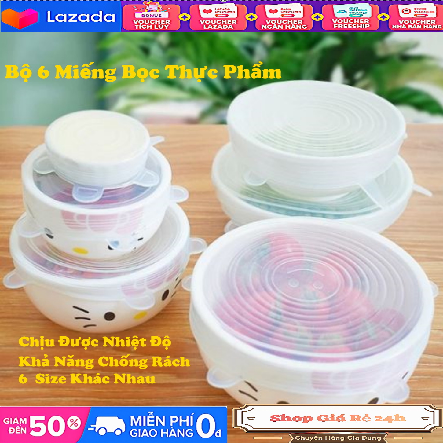 Bộ 6 nắp đậy silicon bọc thực phẩm, hộp thức ăn, chai nhựa  nắp đậy lò vi sóng, tủ lạnh bằng silicone