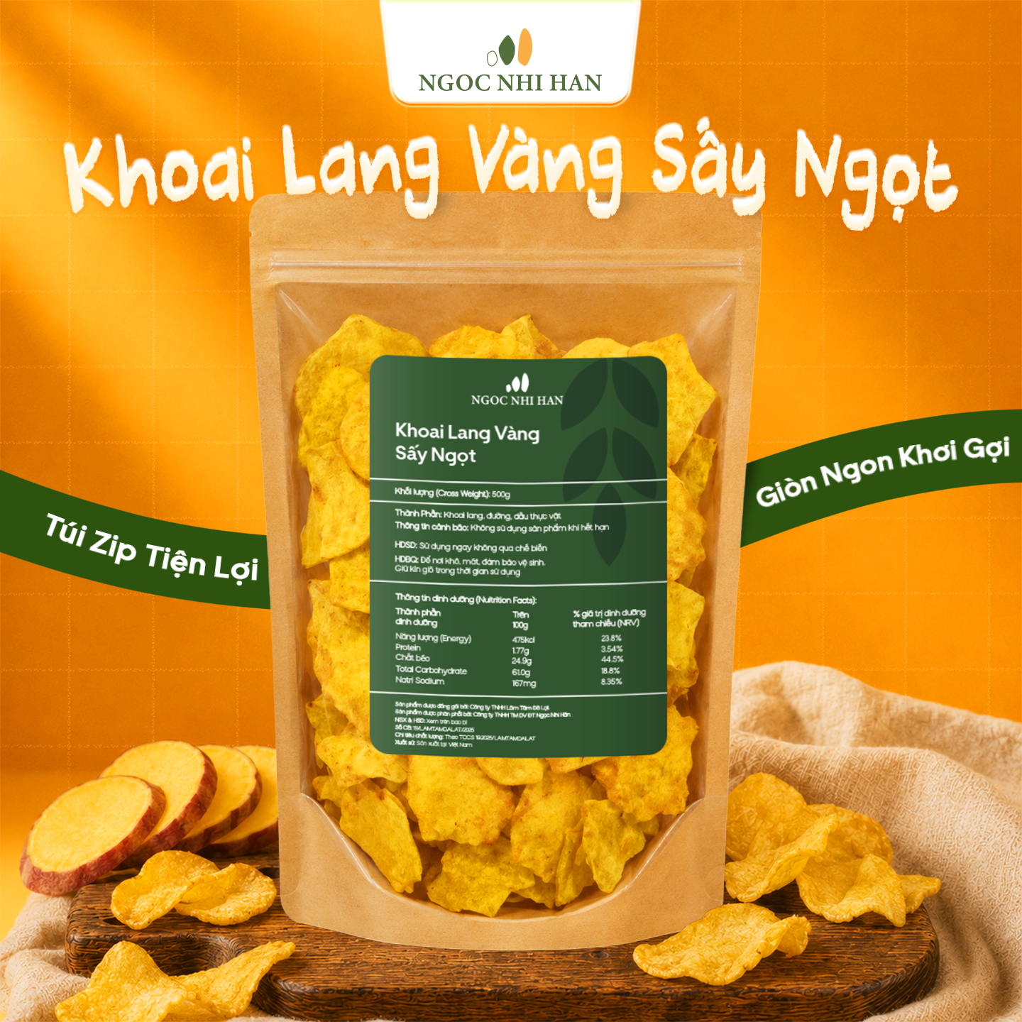 Khoai Lang Vàng Sấy Ngọt Ngọc Nhi Hân Túi Zip 500g - Khoai Lang Sấy Giòn, Thơm Ngọt, Ăn Vặt Tiện Lợi