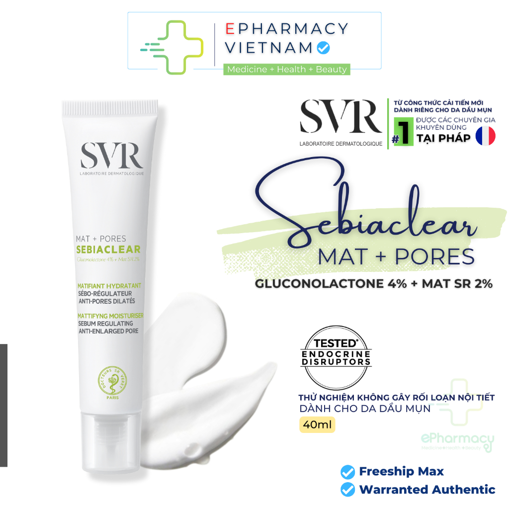 Kem dưỡng giảm mụn kiềm dầu dành cho da dầu mụn, nhạy cảm SVR Sebiaclear Mat + Pores 40ml