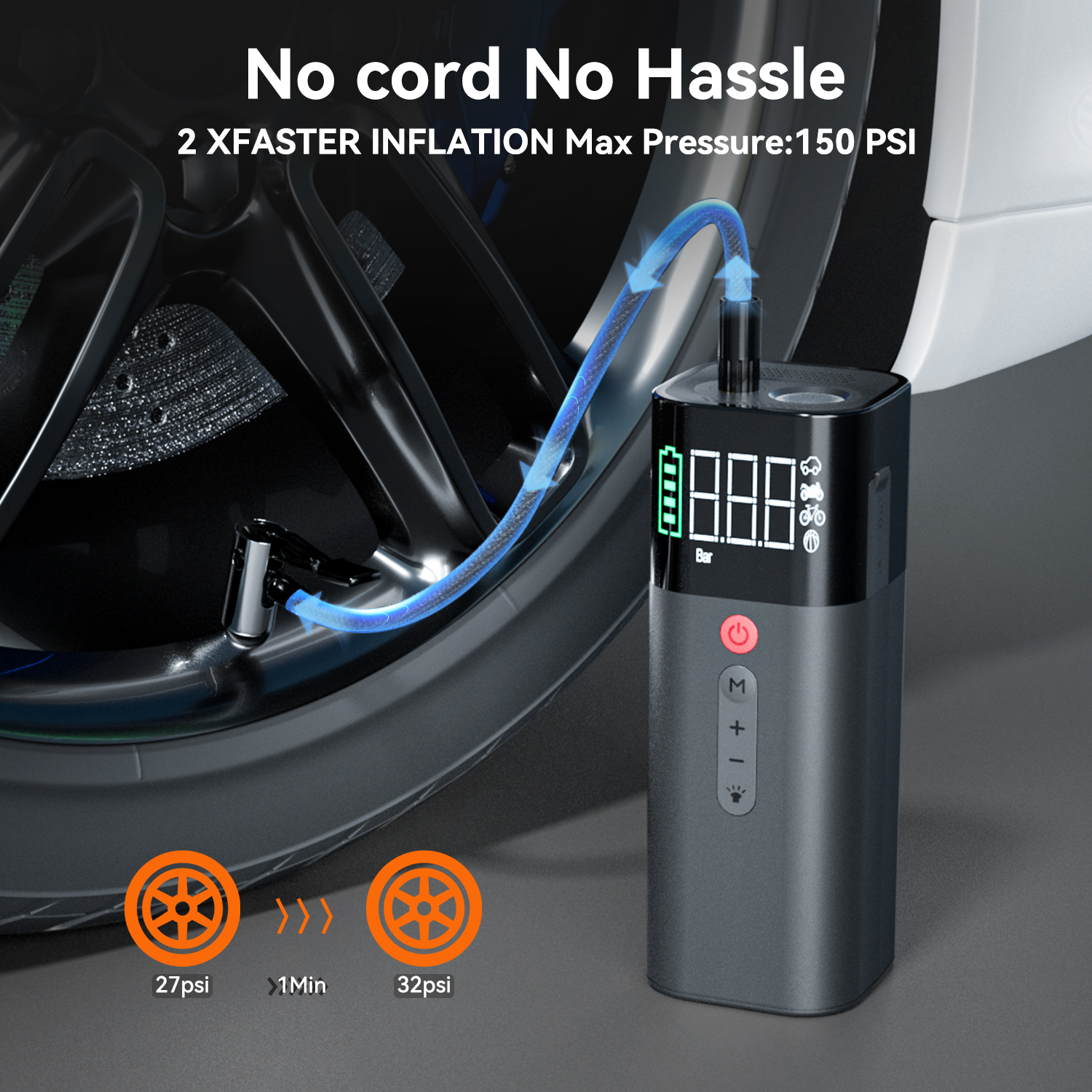 Portable air compressor - 10000 mAh rechargeable tire inflator, precision LCD Display/light, real-time tire pressure monitoring, 3x fast 150 psi portable air pump, suitable for cars, motorbikes, cycles, balls, outdoor sports. Giá 998,816 Đồng*Miễn phí vận chuyển