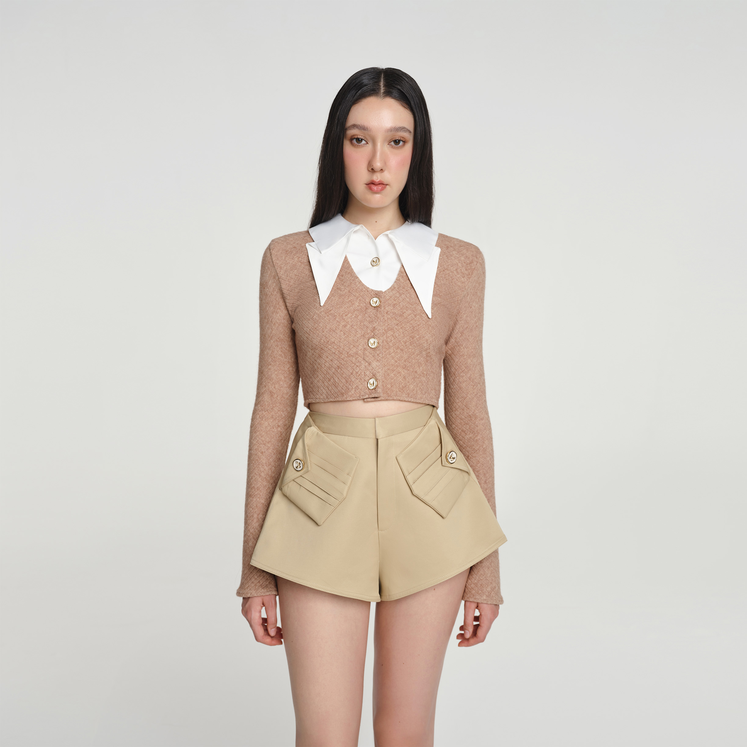 DEAR JOSÉ - Áo kiểu crop top tay dài ORIGAMI vải dệt kim NÂU