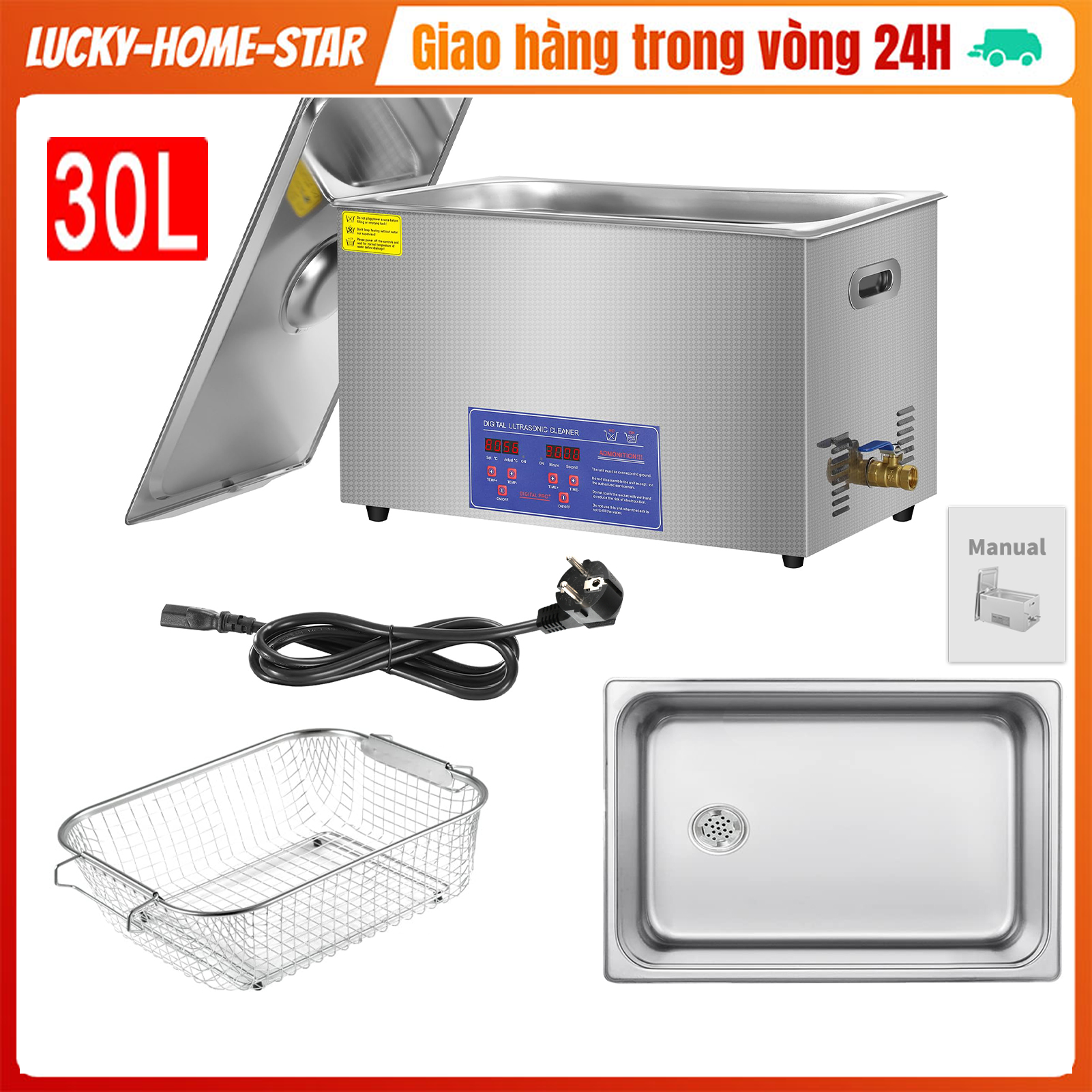 Máy giặt siêu âm 30L Hẹn giờ kỹ thuật số Thiết bị làm sạch sưởi ,Có thể làm sạch đồng hồ, đồ trang sức, kính