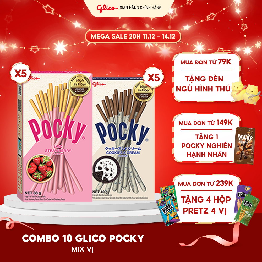  Combo 10 hộp Happy Set E Bánh Snack Que Phủ Kem Glico Pocky  5 Dâu - 5 Cookies & Cream  