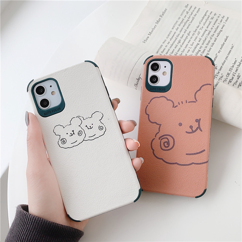 Ốp iphone - Ốp lưng da Auto Focus 4 góc Gấu má xoăn cute 7/8/7plus/8plus/x/xs/xsmax/11/11pro max