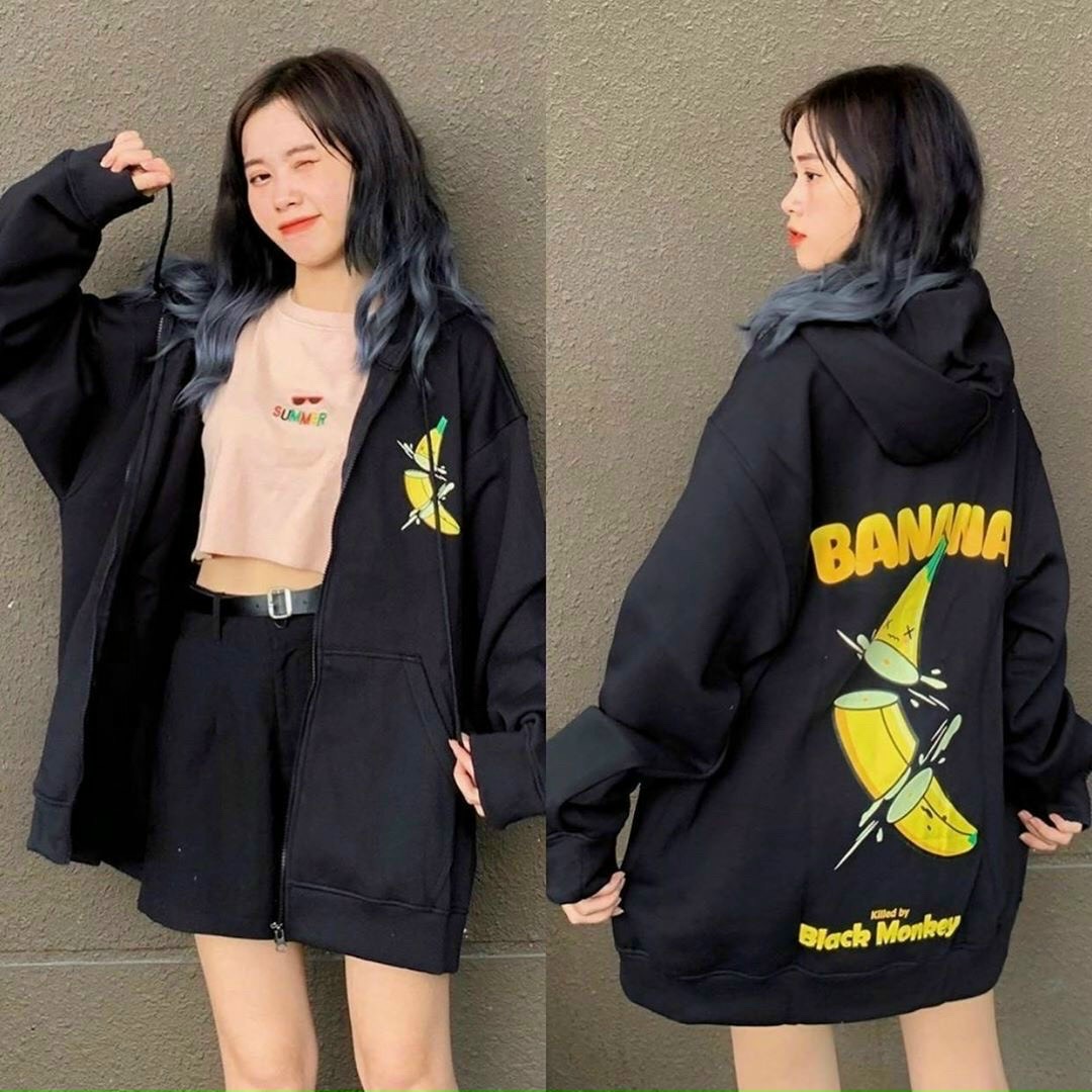 Áo Khoác Nỉ Ngoại Dây Kéo Họa Tiết BANANAA Kiểu Dáng Rộng Dài Hàn Quốc Siêu Xinh-LYRA BOUTIQUE TP137