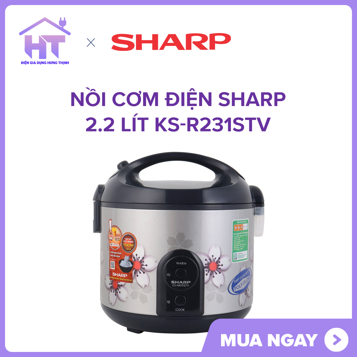 Nồi cơm điện Sharp 2.2 lít KS-R231STV  Hàng trưng bày 99% Sản Xuất Thái Lan -Công nghệ nấu 3D -dung tích 2.2 lít cho hơn 6 người - Thương hiệu Nhật Bản
