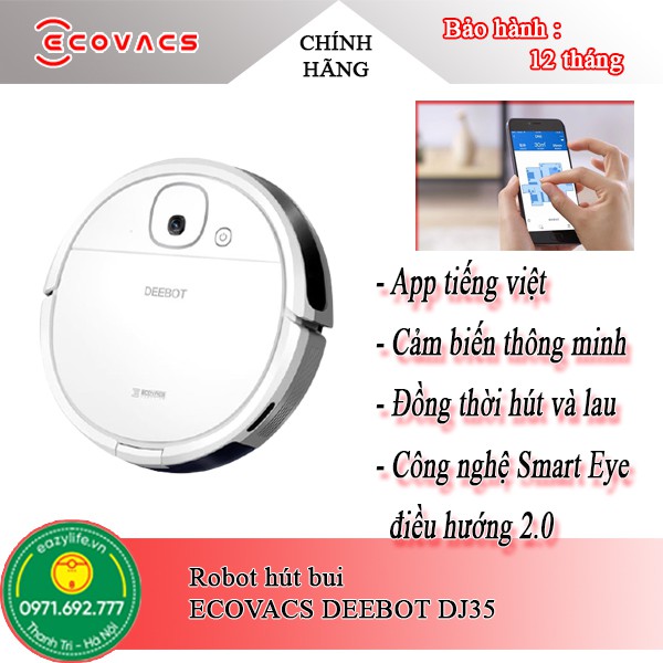 Robot h&uacute;t bụi lau nh&agrave; Ecovacs Deebot DJ35, H&agrave;ng Ch&iacute;nh H&atilde;ng, Mới, Gi&aacute; Rẻ . [ App sử dụng tiếng việt ]