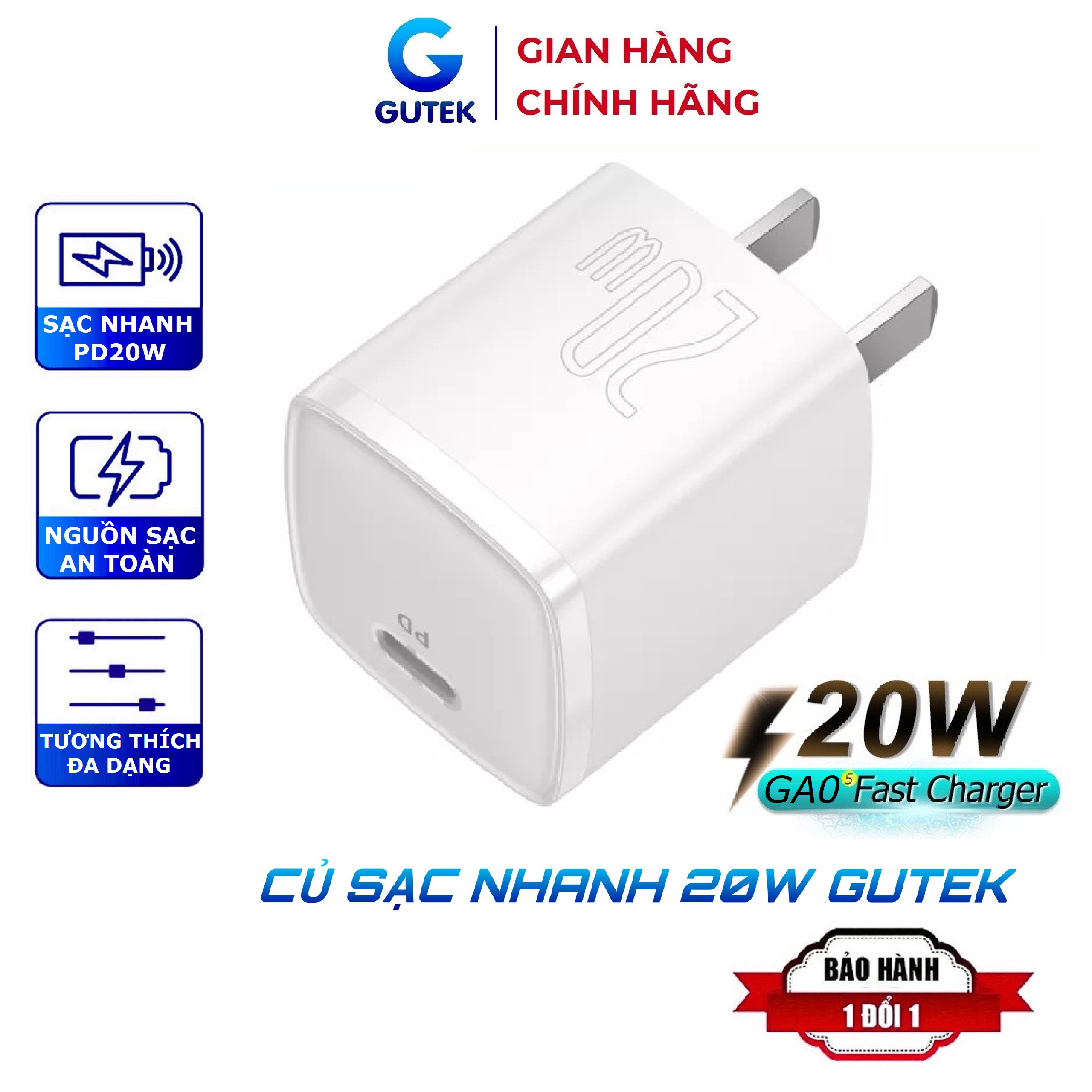  Củ sạc Gutek GA05 20W USB-C hỗ trợ sạc nhanh Type-C PD cho iP 8 Plus 11 12 13 14 pro max 