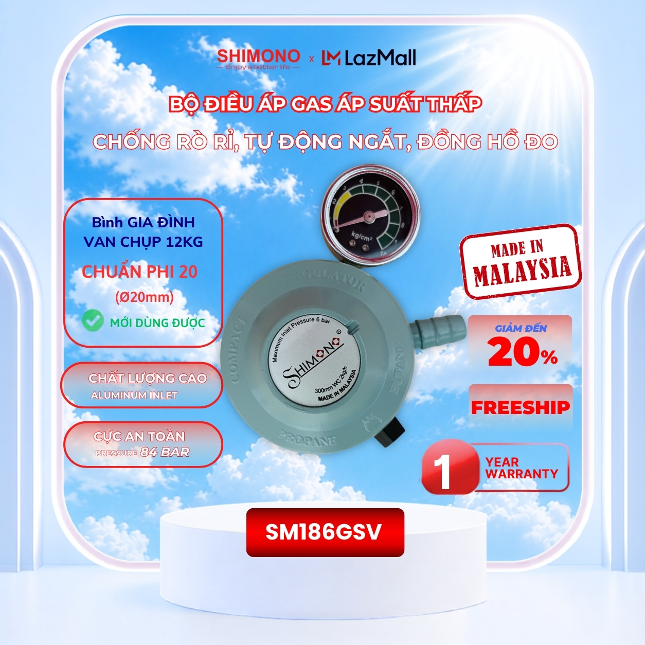 Van Chụp Phi 20 Điều Áp Gas Áp Suất Thấp Có Đồng Hồ Đo SHIMONO SM186GSV Chống Rò Rỉ, Tự Động Ngắt Gas Malaysia