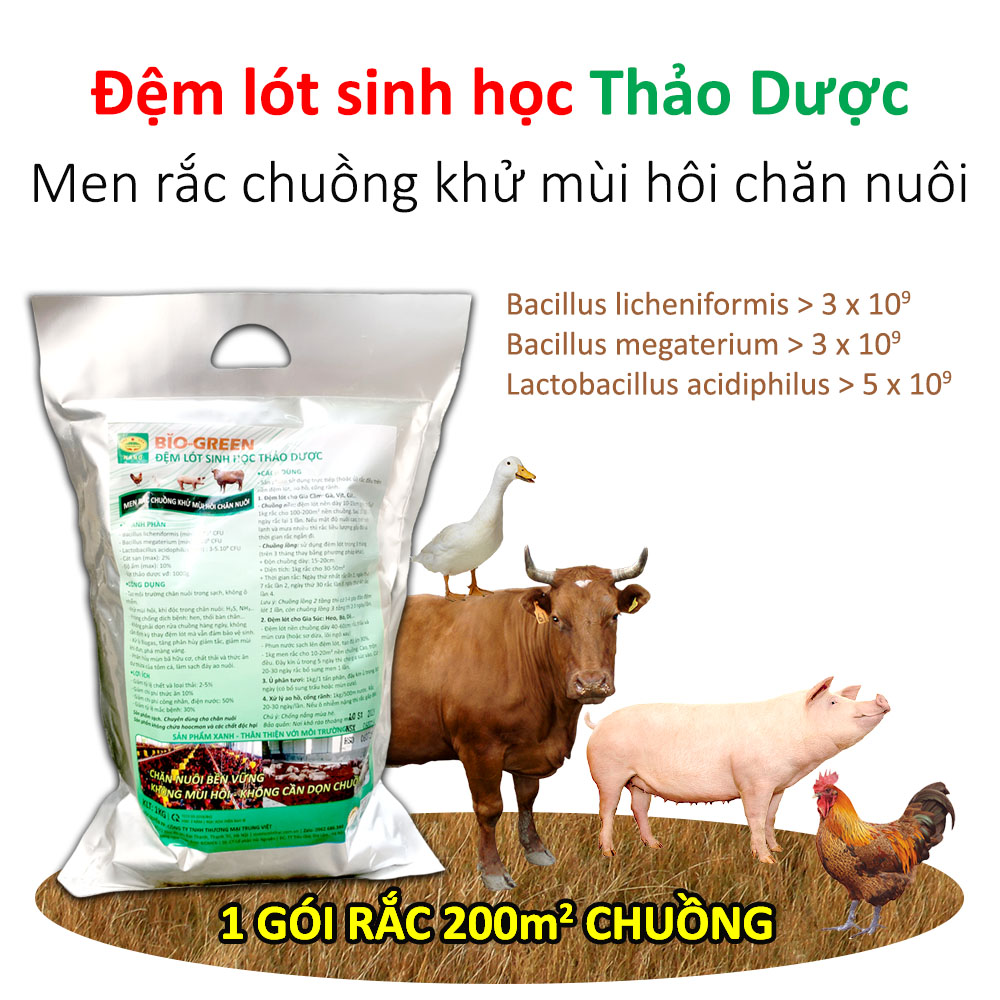 Men rắc chuồng khử mùi hôi - Đệm lót sinh học thảo dược - Chăn Nuôi không cần dọn chuồng - 1kg men rắc tối đa 200m2 nền - BIOGREEN