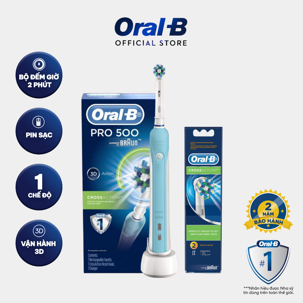 Combo bàn chải điện oral-b pro 500 d16.513 + vỉ 2 đầu thay oral-b - hàng chính hãng 100% bảo hành 24 tháng 1 đổi 1