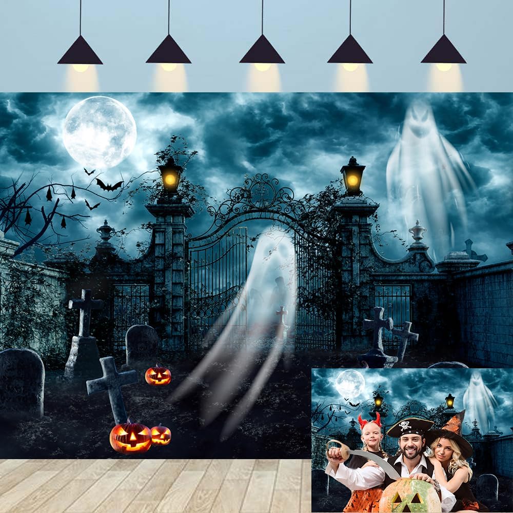 Halloween Party Backdrop Blue Scary Graveyard Gate Ghost Pumpkin Lantern Full Moon Photography Background Horror Haunted Gothic Halloween Night Banner Decorations Supplies