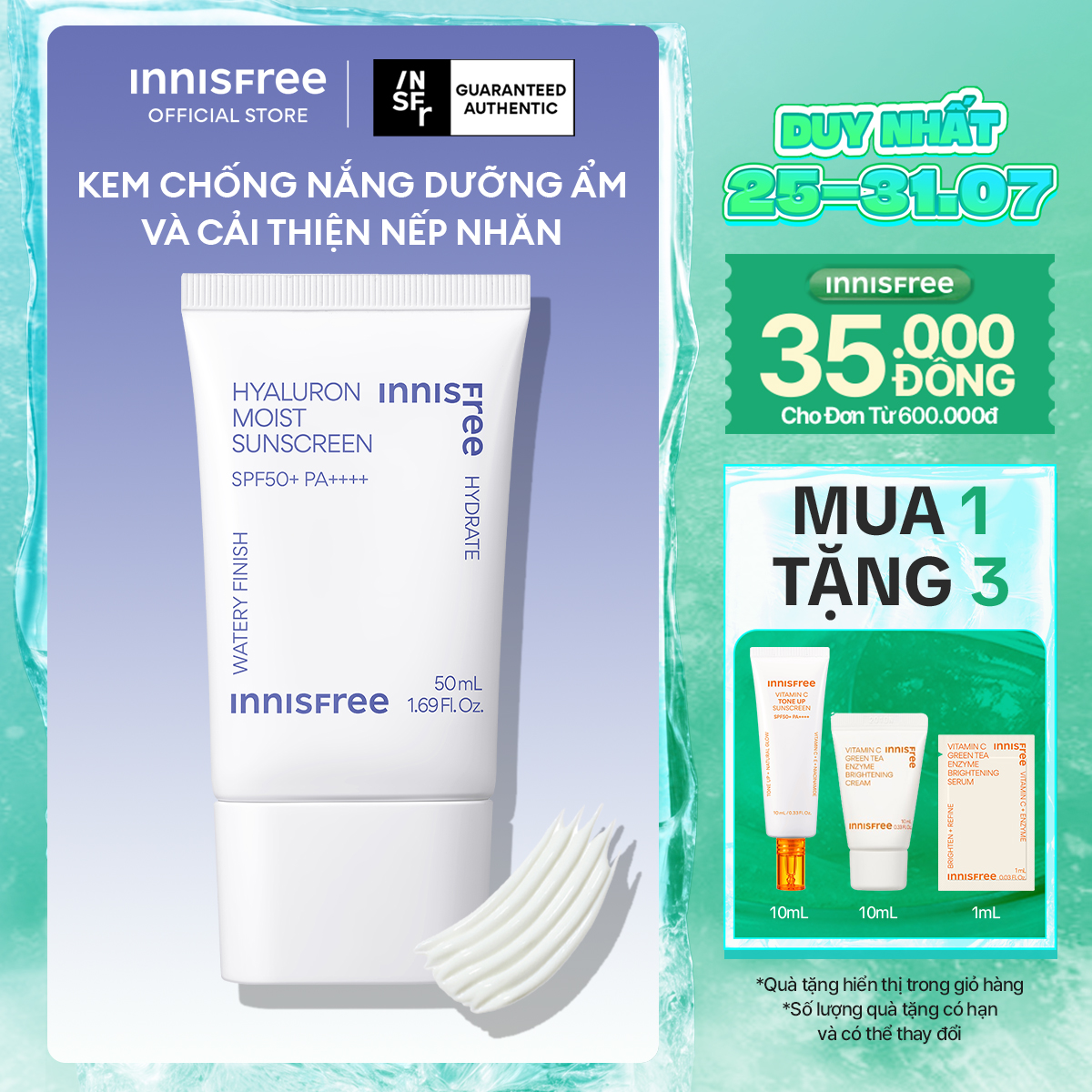 Kem chống nắng dưỡng ẩm INNISFREE Hyaluron Moist Sunscreen SPF50+ PA++++