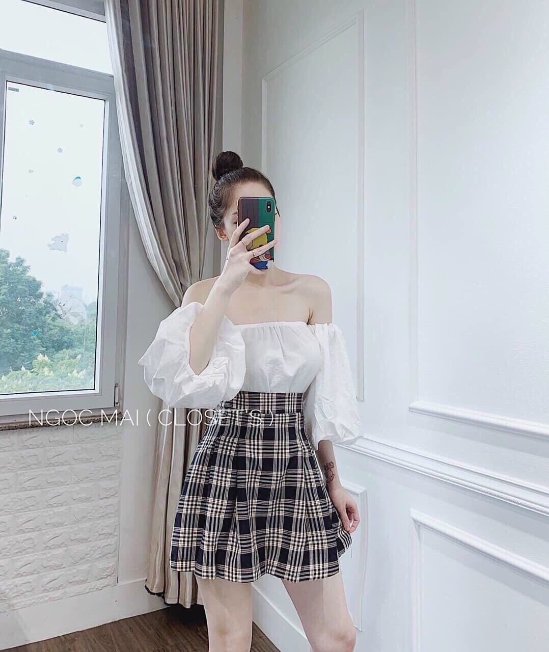 SET VÁY TENNIS CARO + ÁO BẸT VAI VOAN