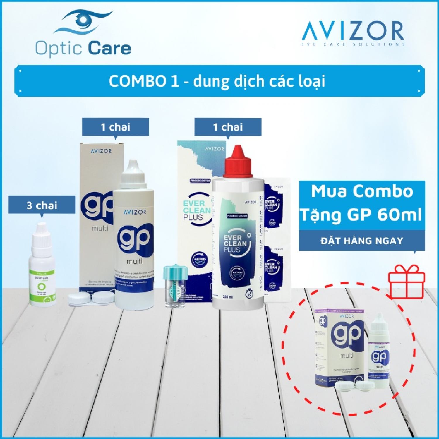 - Combo 3 Nước mắt nhân tạo, 1 nước ngâm & 1 dung dịch diệt khuẩn lens kính áp tròng Avizor