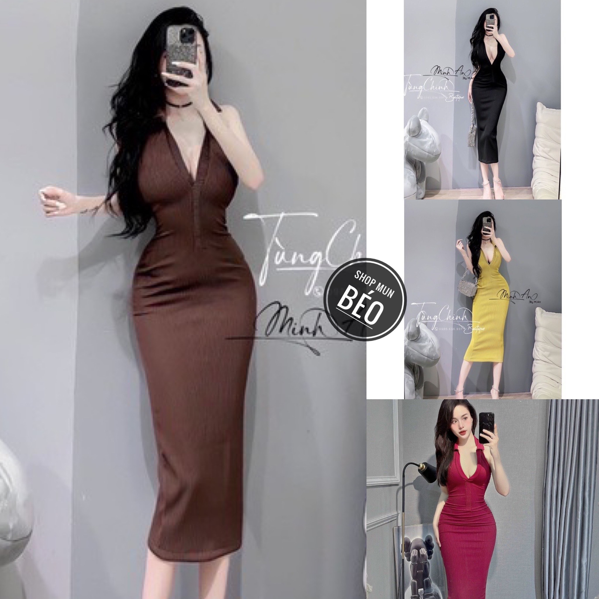 Đầm Cổ Trụ Sát Nách Phom Dài Chất Thun Gân Thích Hợp Mặc Đi Tiệc Đi Làm Đi Chơi