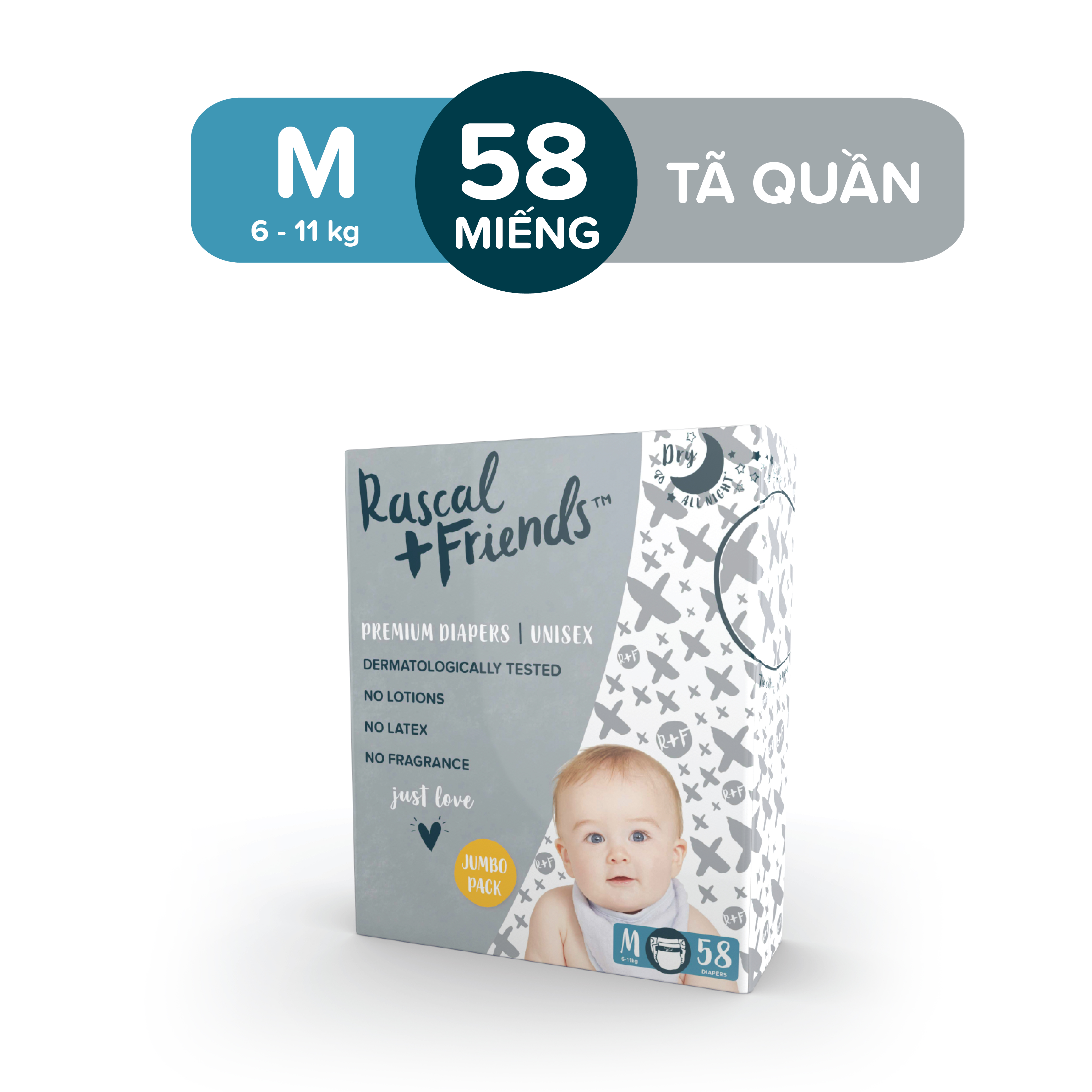 Tã/bỉm quần rascal & friends cho bé 6kg-11kg- size m 58 miếng