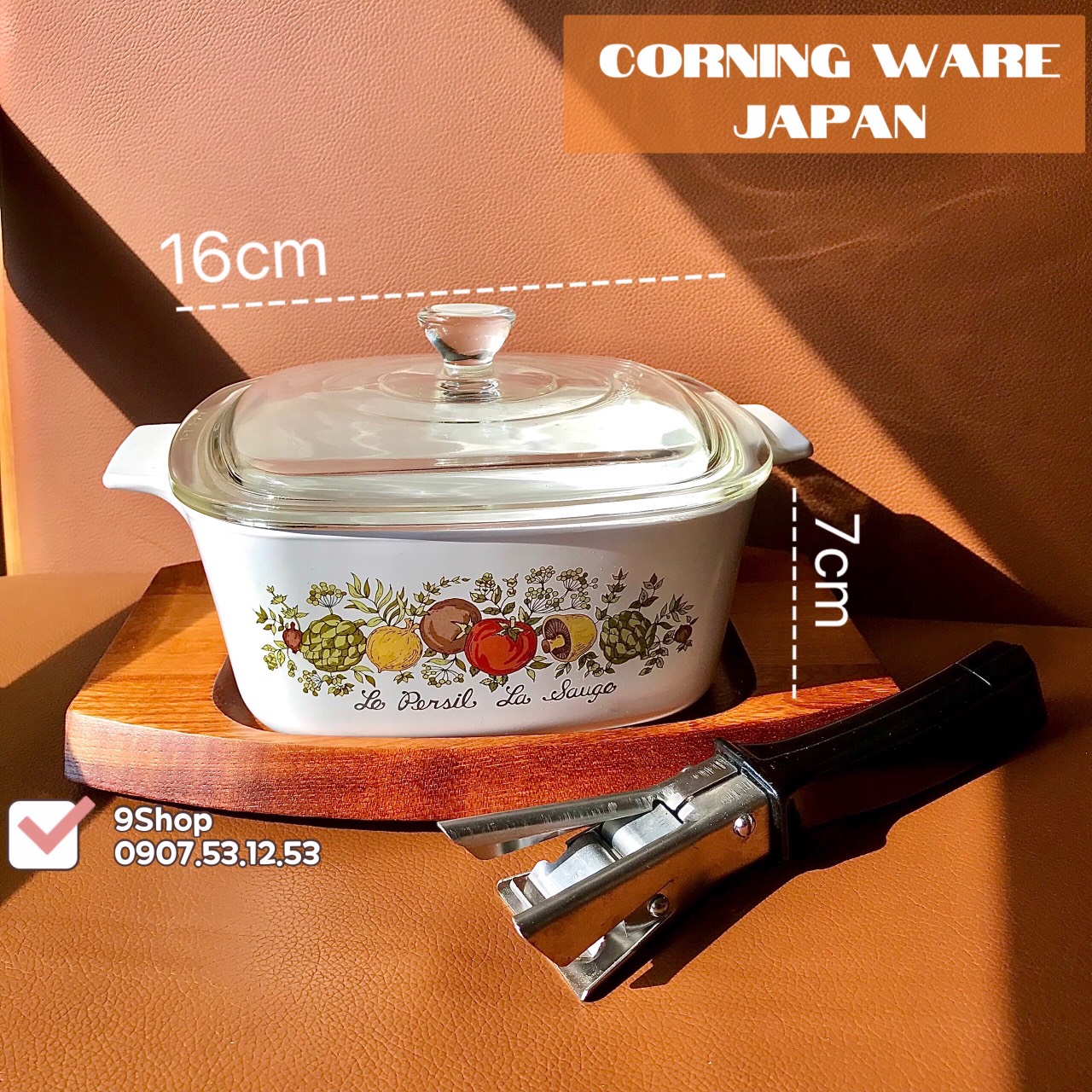 CorningWare - Made in Japan - Full Nồi Thuỷ Tinh Vuông + Đế Gỗ Kitchen Fresh 1.5L [Bao Gồm Nắp]